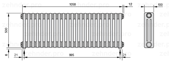 Схема (чертеж) Радиатор Zehnder Charleston 3050/23 №5310 Белый глянцевый RAL 9016